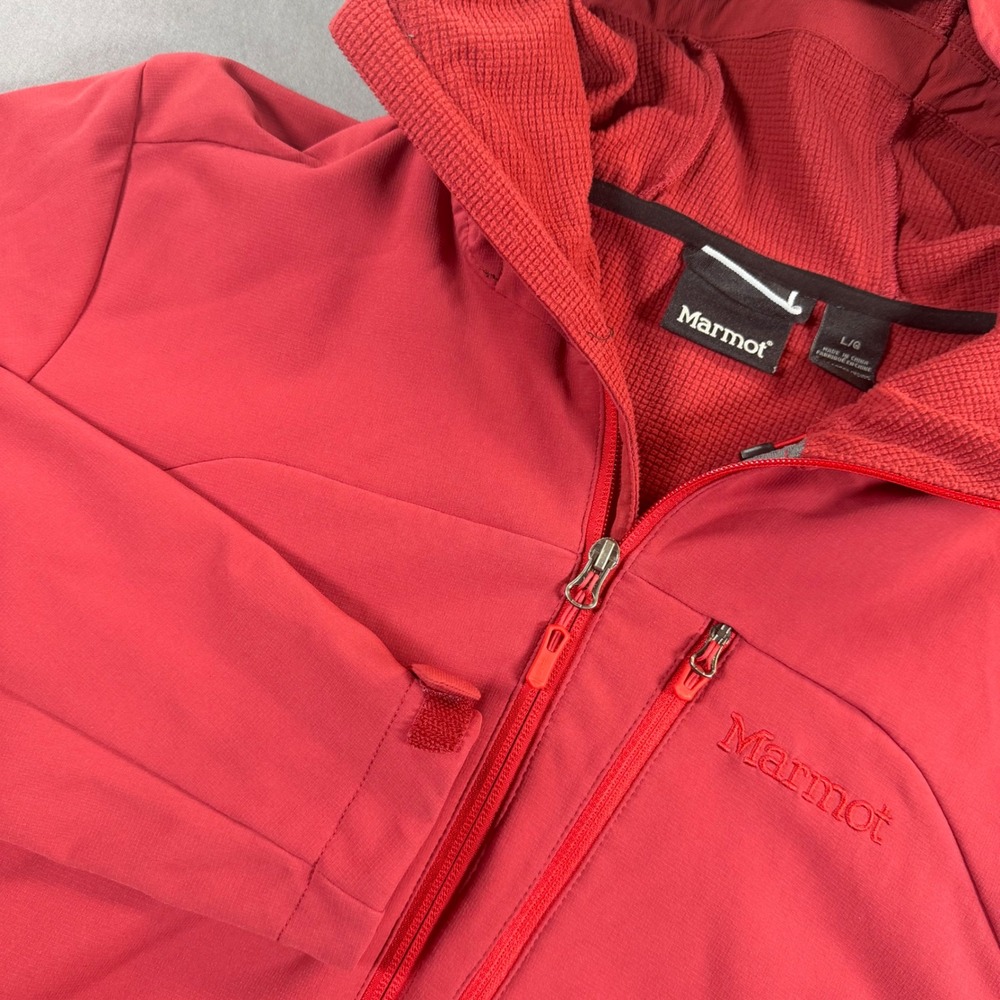 Marmot Moblis Softshell Jacket Mens Large Red Hooded Fleece Lined Full Zip